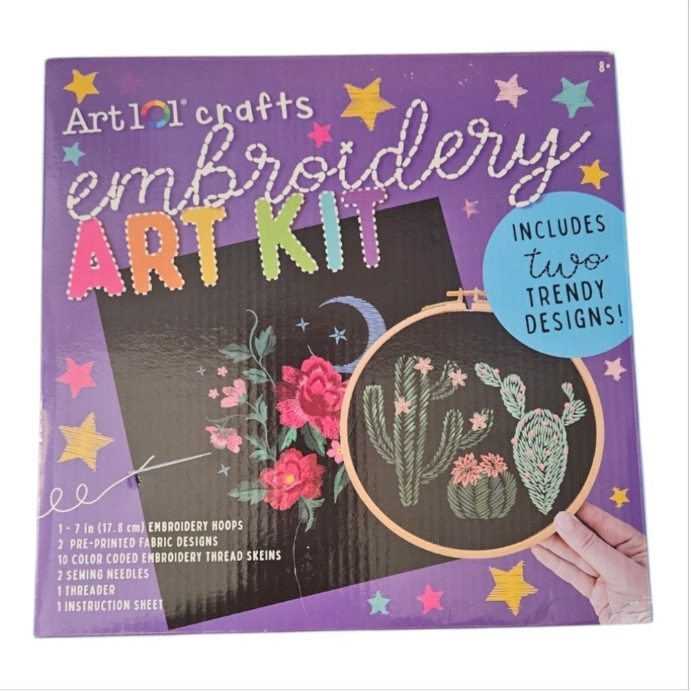 Art 101 Crafts Embroidery Art Kit Two Designs Floral w/Moon & Cactus Preprinted